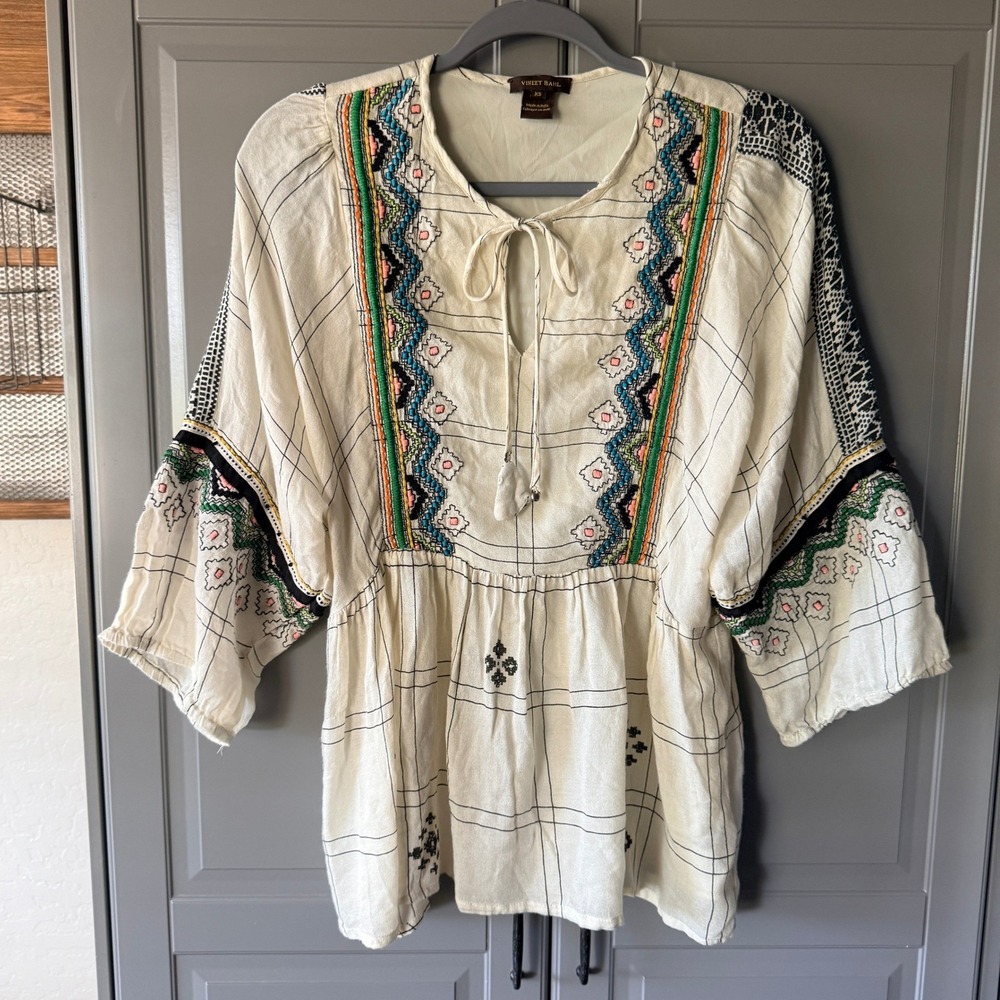 Anthropologie Vineet Bahl Brielle Embroidered Peasant Peplum Blouse, Ivory, XS